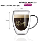 Double Wall Good Morning Printed Glass Mugs 350 ML (Set of 2)