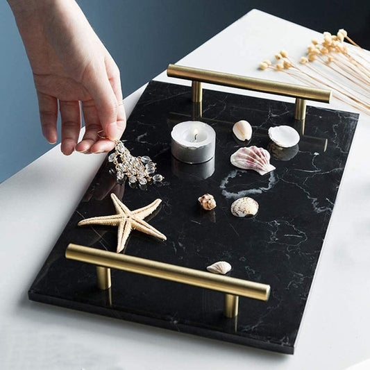 Natural Marble Vanity Trinket Tray with Golden Handles- Black