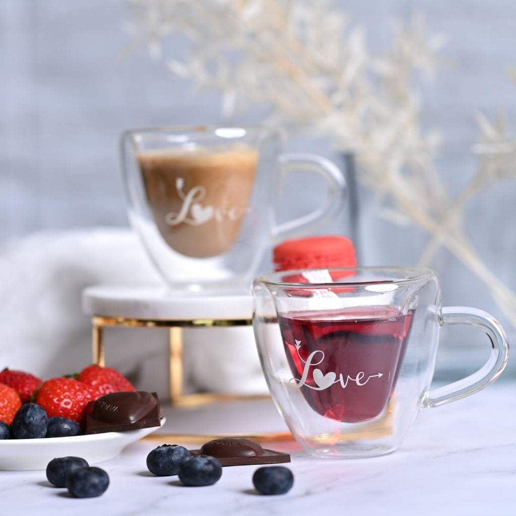 Heart-Shaped Double Wall Glass Mug 'Love' Print 180ML – Set of 2