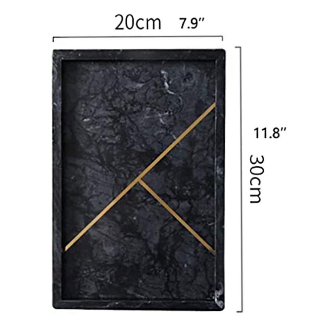 Rectangular Marble Stone Tray With Gold Rib Pattern (BLACK)