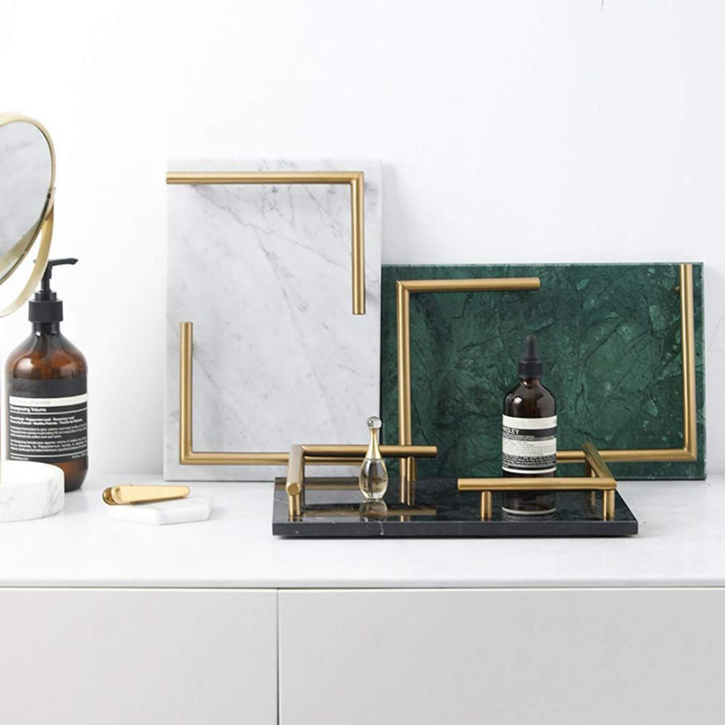 Rectangular Natural Marble Tray with Gold L Shaped Handles- White