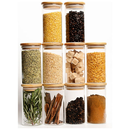 Borosilicate Round Glass Spice Jar With Airtight Bamboo Lids and Chalkboard Labels 290 ML (Pack of 10)