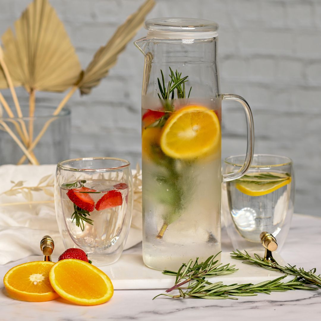 Heat Resistant 1500 ML Water Jug With Lid And Double wall Glass 350 ML (Set of 2)