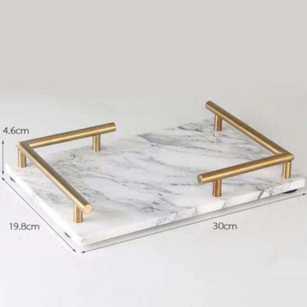 Rectangular Natural Marble Tray with Gold L Shaped Handles- White
