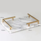 Rectangular Natural Marble Tray with Gold L Shaped Handles- White