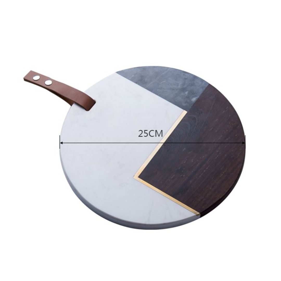 Natural Round Shape Marble Tray With Acacia Wood And Leather Strap 25 CM