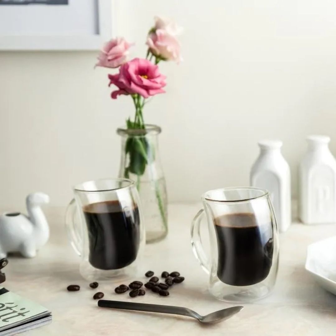 Double Wall Wave Design Glass Mug 250ML – Set of 2