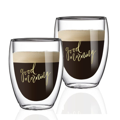 Double Wall Good Morning Printed Glass Cup 350 ML (Set of 2)