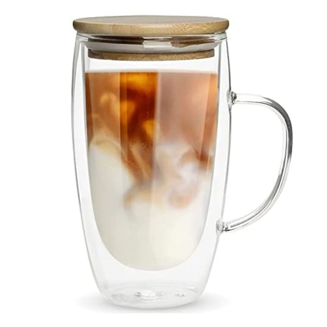 Double Wall Glass Coffee Mug with Bamboo Lid 450 ML