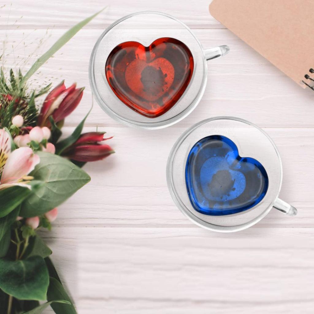 1CHASE Heart Shaped Double Wall Glass Coffee Mug With Handle, 250ML – Borosilicate Cup for Tea, Coffee, Espresso – Romantic Valentine's Day Gift for Couples, Him & Her (Set of 2)