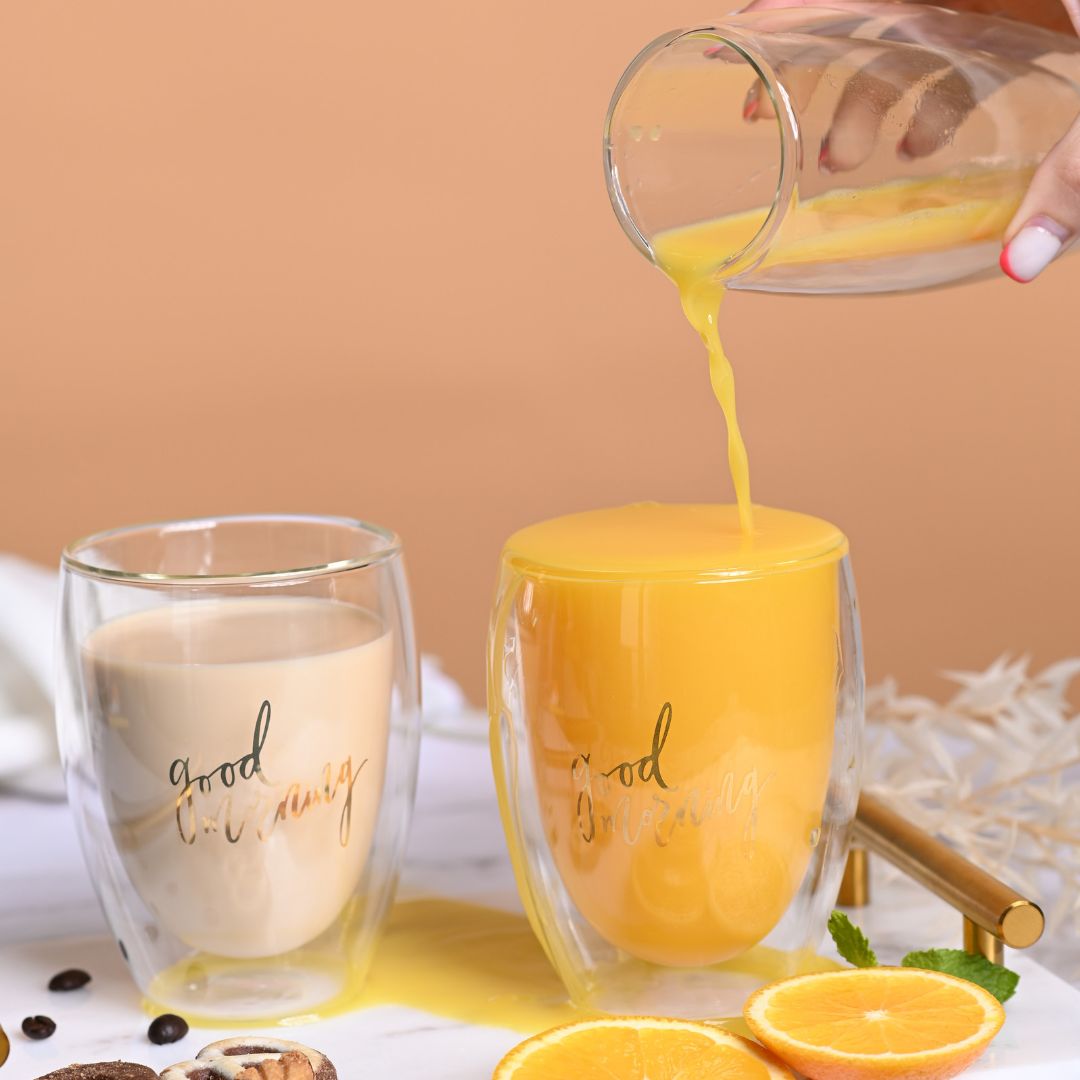 Double Wall Good Morning Printed Glass Cup 350 ML (Set of 2)