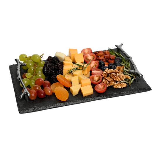 Natural Stone Slate Serving Tray With Arborization Handle (Grey), 30x20 CM