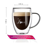 Romantic Borosilicate Double Wall Glass Mugs with Handle, 350ml - Love Print Design, Set of 2 - Perfect for Valentine's Day Gifting, Couples, Anniversaries & Special Occasions