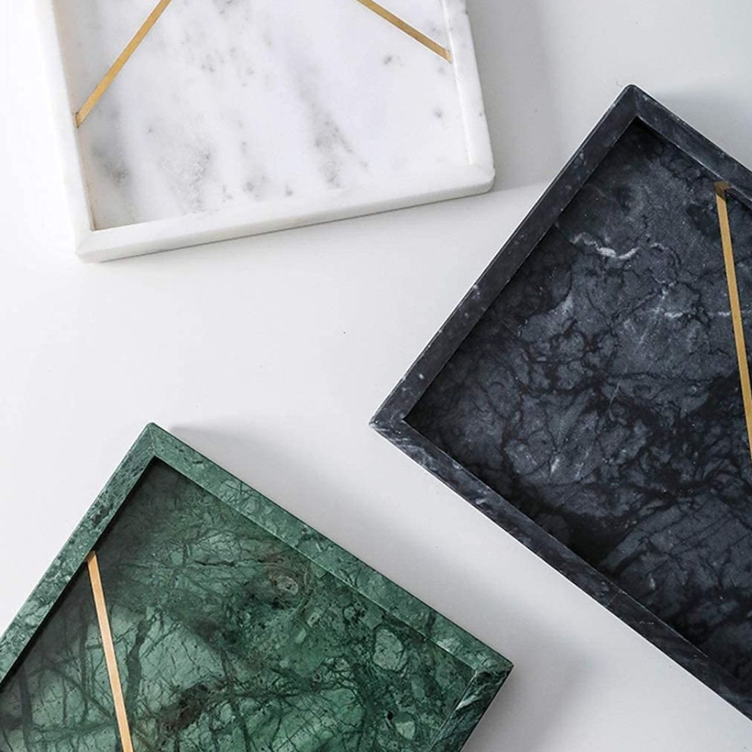 Rectangular Marble Stone Tray With Gold Rib Pattern (BLACK)
