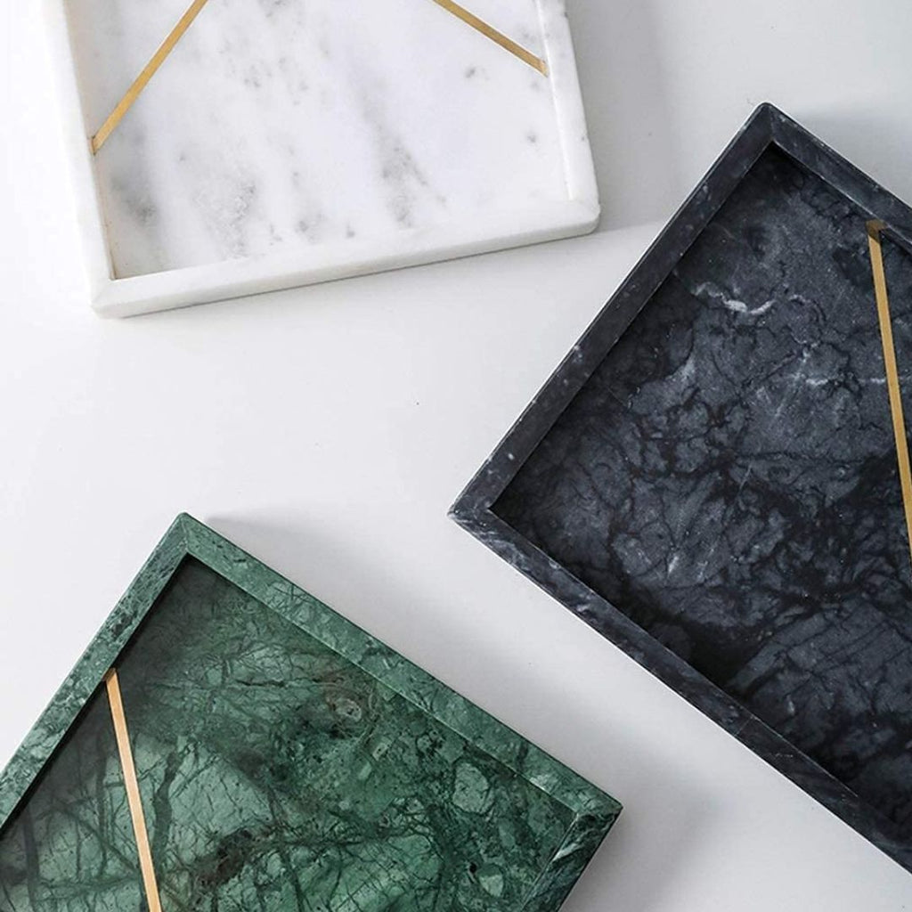 Rectangular Marble Stone Tray With Gold Rib Pattern (WHITE)