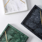 Rectangular Marble Stone Tray With Gold Rib Pattern (WHITE)