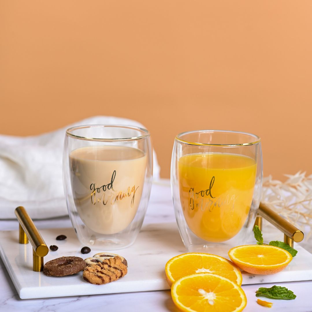 Double Wall Good Morning Printed Glass Cup 350 ML (Set of 2)
