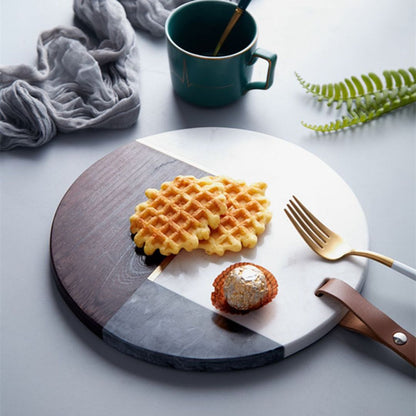 Natural Round Shape Marble Tray With Acacia Wood And Leather Strap 25 CM