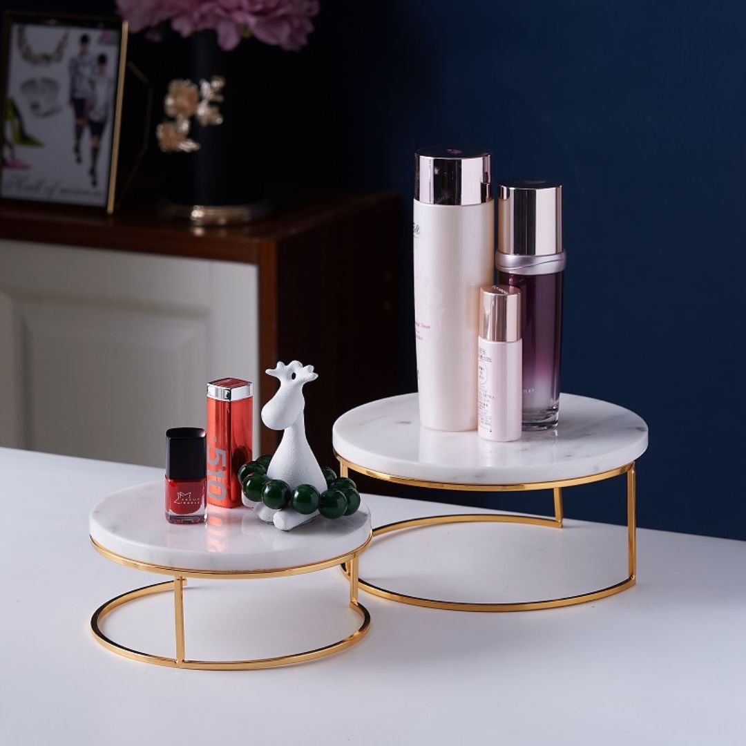 Natural Round White Marble Trinket Tray Stand Set Of 2 Pcs
