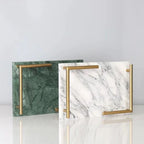 Rectangular Natural Marble Tray with Gold L Shaped Handles- White