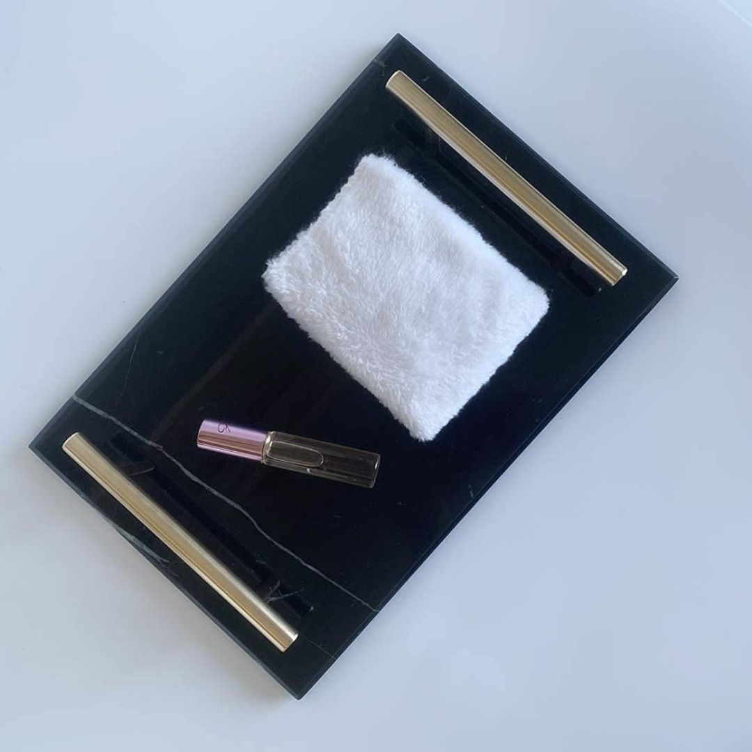 Natural Marble Vanity Trinket Tray with Golden Handles- Black