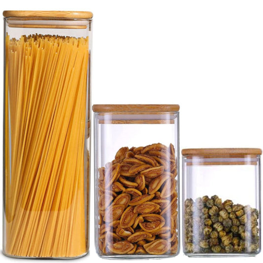 Square Glass Storage Jar with Air tight Bamboo Lid, Set Of 3