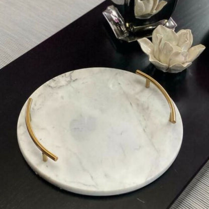 Round White Marble Tray With Gold Handle