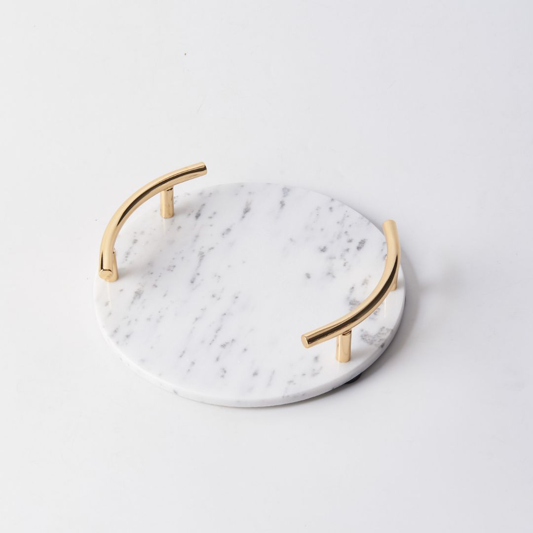 Round White Marble Tray With Gold Handle