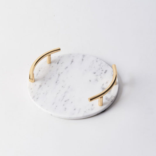Round White Marble Tray With Gold Handle