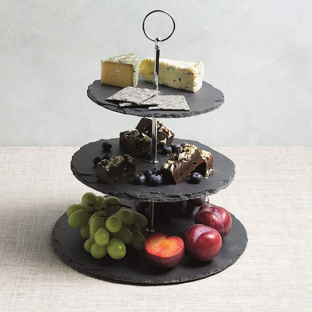 3-Tier Natural Slate Cake Stand with Chrome Loop
