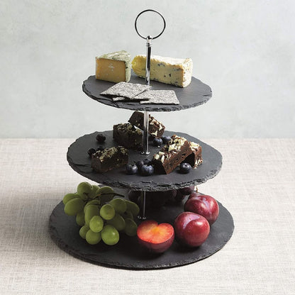 Natural Black Stone 3 Tier Round Slate Cake Stand with Chrome Carry Loop