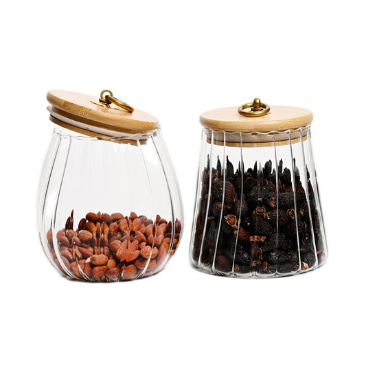 Borosilicate Glass Storage Jar With Airtight Bamboo Lid and Metal Handle , Oval,Taper, Oval & Conical Set Of 2