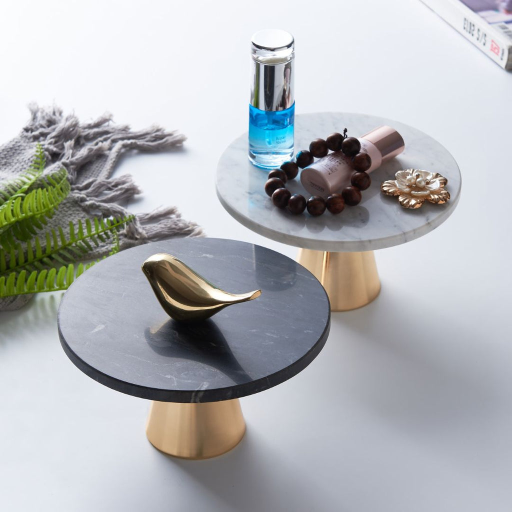 Natural Round White Marble Cake Stand With Gold Base