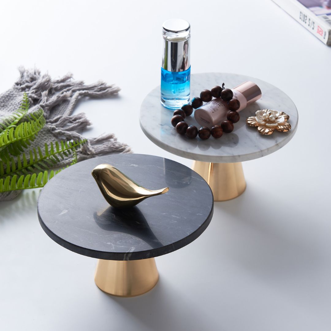 Natural Round White Marble Cake Stand With Gold Base