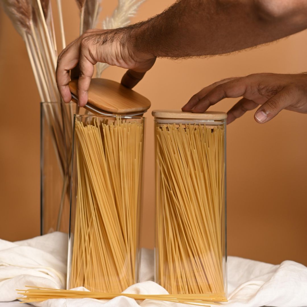 Square Glass Storage Jar with Airtight Bamboo Lid – Set of 2