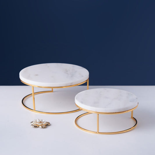 Natural Round White Marble Trinket Tray Stand Set Of 2 Pcs