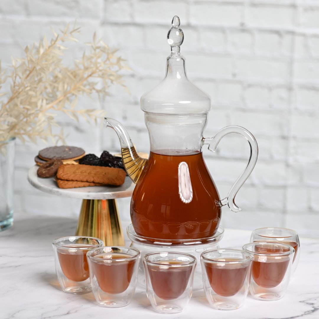 Heat resistant Arabic Style Teapot With Teawarmer and 80 ML Double Wall Espresso Cups Set of 6